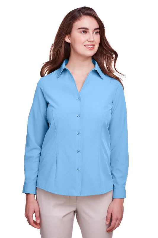 Cozy Knits UltraClub Womens Bradley Performance Moisture Wicking Long Sleeve Button Down Shirt - Columbia Blue